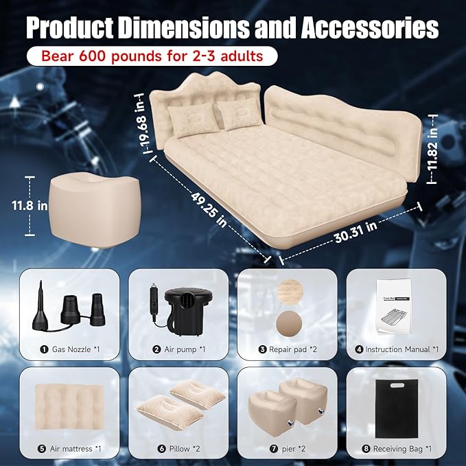 Car Air Mattress, Inflatable SUV Truck Air Mattress Back Seat Camping Bed Thickened Car Sleeping Pad for Travel, Car Bed SUV Mattress with Air Pump 2 Pillows