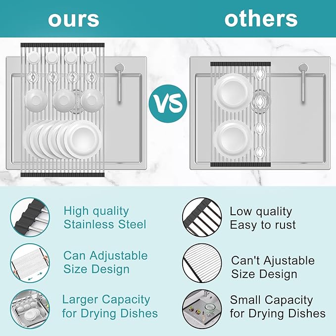 BBXTYLY Extra Large Expandable Roll Up Dish Drying Rack,Over The Sink Drying Rack Sink Cover Kitchen Sink Accessories Kitchen Rolling up Stainless Steel Drainer, Foldable,Rollable（Black，22.8''-17''）