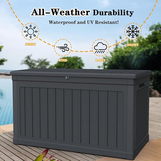 230 Gallon Lockable Resin Deck Box, Waterproof & UV-Resistant Outdoor Storage Box for Outdoor Cushion Storage, Garden Tools & Pool Accessories Storage, Black