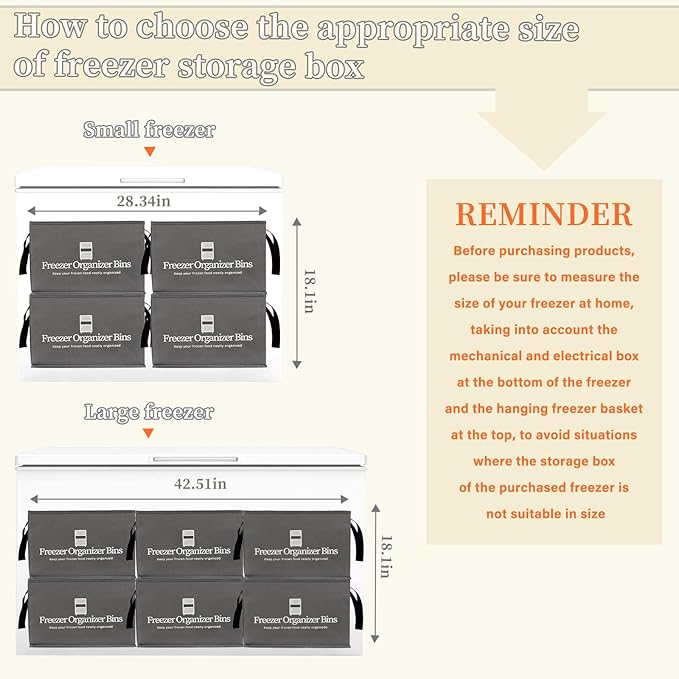 Freezer Organizer Bins, 4 Pack Collapsible Deep Freezer Organizer Bins for 15"x14"x9", freezer Storage Bins with Removable Dividers, Handles (Dark Grey, 4 Pack)