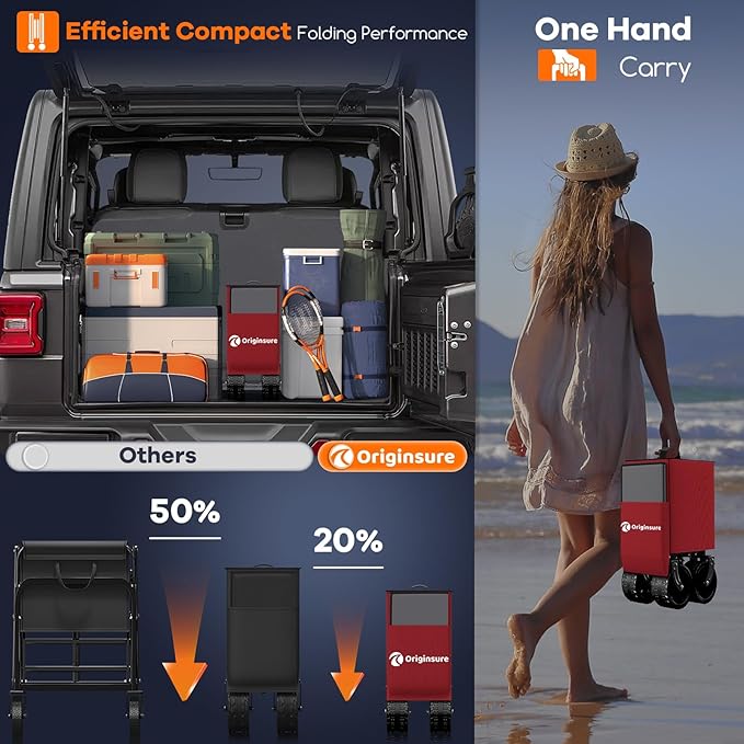 48" L Collapsible Wagon Cart Foldable, 560LB Weight Capacity 300L Heavy Duty Folding Beach Wagons with Big All-Terrain Wheels, Utility Carts for Groceries, Shopping, Camping, Sports - Grey&Red