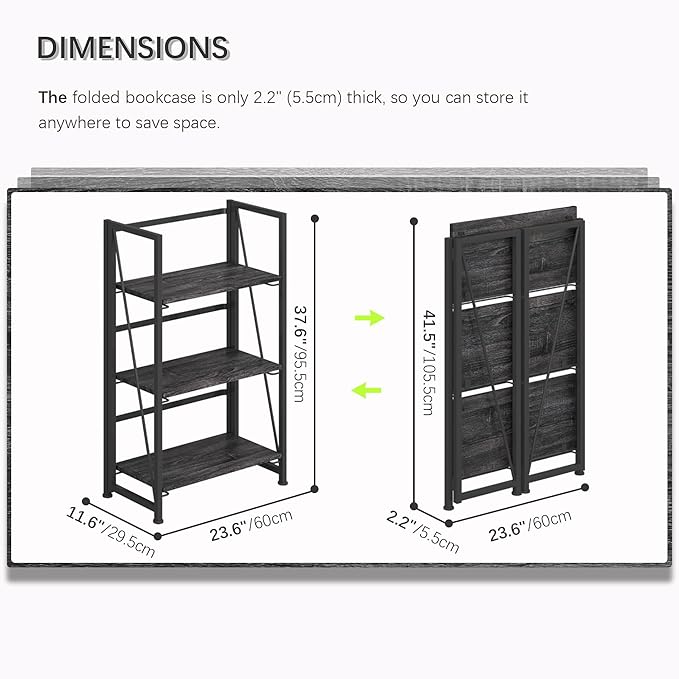 4NM No-Assembly Folding Bookshelf Storage Shelves 3 Tiers Vintage Bookcase Standing Racks Study Organizer Home Office (Gray Black)
