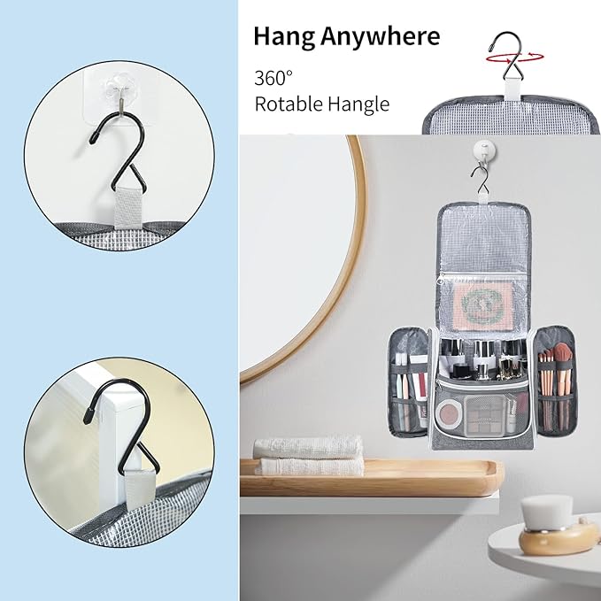 Della Gao Travel Hanging Toiletry Bag for Men and Women, Large Capacity Cosmetics Bag Makeup Bag Organizer, Bathroom Bag, Water-Resistant Nylon, Grey