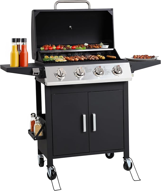 4-Burner Propane Gas Grill with Wheels, 40,000 BTU Stainless Steel BBQ Grill for Backyard, Outdoor Cooking - Foldable Side Tables, Spice Rack & Easy Assembly