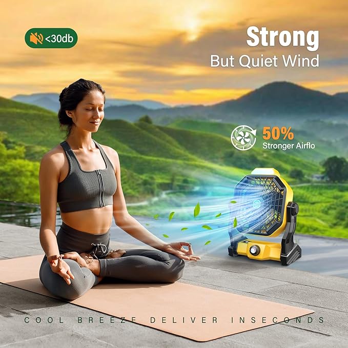 10400mAh Solar fan with LED Lantern, Camping Fan with Solar Panel, 7W Rechargeable Solar Powered Fan for Outside, Quiet Battery Operated Tent for Picnic, Barbecue, Fishing, Travel