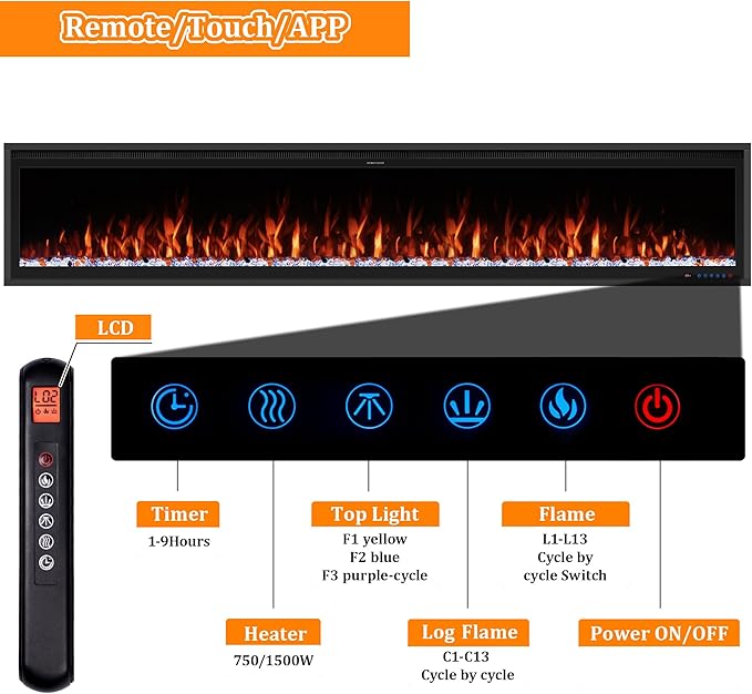 Benrocks 88'' Smart Electric Fireplace Inserts, WiFi-Enabled Recessed & Wall Mounted Fireplace, 13 * 13 * 3 Color Combinations, App Control Fireplace Heater, Timer, Logs & Crystals 750/1500W Black