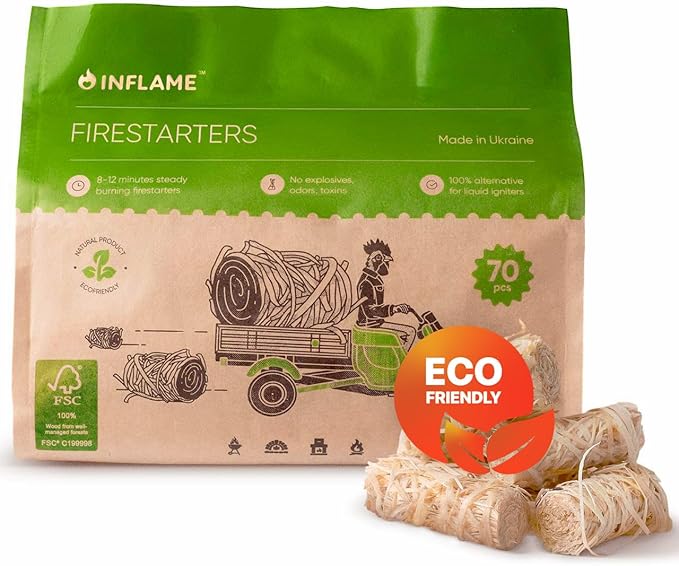 Inflame Fire Starters 70 pcs Fire Starters for Campfires, Grill, BBQ, Fireplace, Woodstove - Charcoal Starter - Waterproof, Weather-Resistant - Natural Wood Fireplace Starters