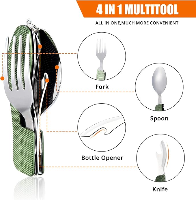 HIKENTURE Camping Utensils 2 Pack, 4-In-1 Stainless Steel Spoon Fork Knife Set Backpacking Travel Cutlery Metal Multitool Boy Scout(Green 2pack)