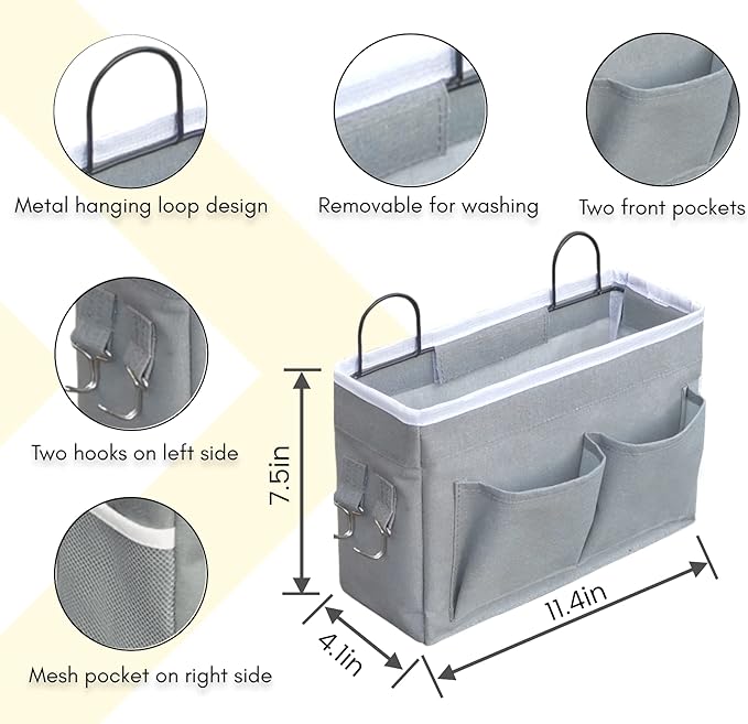 2pcs Middle Wall Hanging Organizer Bag, Linen Fabric Door Hanging Storage Basket with Pockets, Waterproof Bin for Kitchen, Bedroom, Office, RV Camper (Gray)