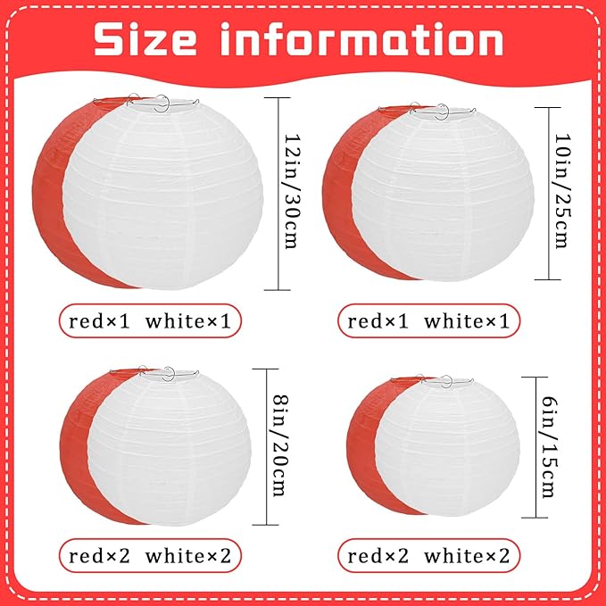 12Pcs Round Paper Lanterns Assorted Sizes (6" 8" 10" 12") for Home Decor, Restaurant, Church, Wedding, Birthday Party Decorations, Hanging Chinese Japanese Paper Lantern Lamps (White and Red)