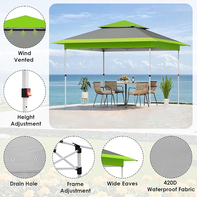 TLSUNNY 12X12 Pop Up Canopy Tent, Camping Shader W/Overhanging Eaves & Sand Bag, Outdoor Gazebo Shelter W/One Push Setup & Wheeled Bag, Height Adjustable, for Patio, Market, Party (Green, 12FTX12FT)