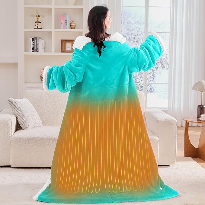 greenoak Wearable Heated Throw Blanket Electric Snuggle - Heated Robe with Foot Pocket for Adult, Winter Gifts for Mom Women 5-Position Timer 10-Heating Levels,50 * 70",Turquoise