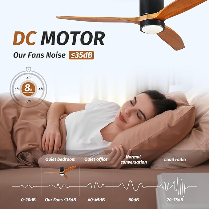 Ceiling Fans with Lights and Remote, 52 Inch Low Profile Ceiling Fan with Light, 3 Walnut Solid Wood Blade Dimmable 8H Timer 6-Speed Reversible Motor for Living Room Farmhouse Patio