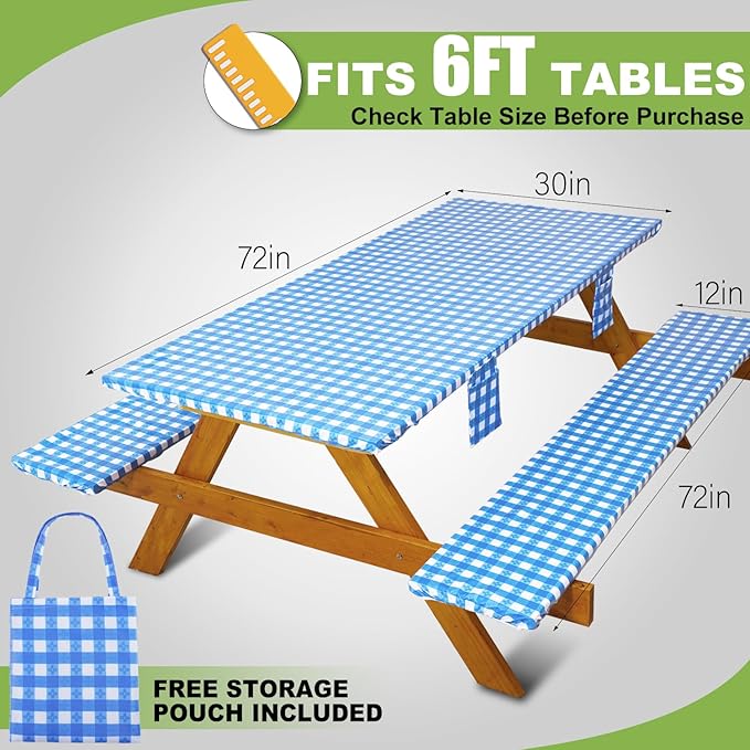 Fitted Picnic Table Cover with Bench Covers Vinyl Waterproof Elastic Edges Fitted Rectangle Tables Patio Tablecloth Camping Gear and Essentials Rv Accessories Road Trip Supplies Car Travel Must Haves