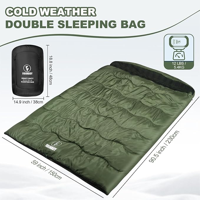 0 Degree Flannel Double Sleeping Bag for Adults, Couples or Family - Winter Queen Size Waterproof & Warm 2-Person Sleeping Bag for Cold Weather Camping, RV Travel