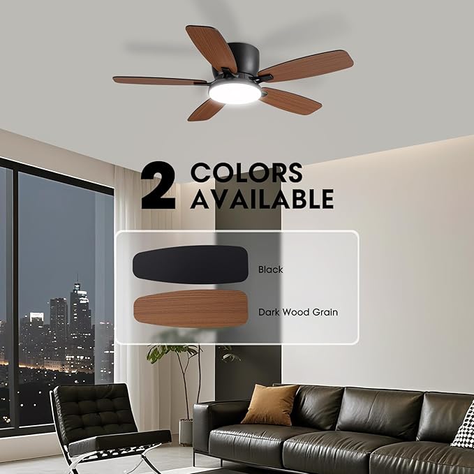 Ceiling Fans with Lights, 44" Low Profile Ceiling Fan with Light Remote Control, 6 Speed 35dB Ultra Quiet Smart Ceiling Fan with Reversible DC Motor, Dimmable 3CCT LED for Bedroom/Living Room (Black)