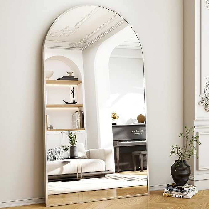 46"x76" Arched Full-Length Mirror, Oversized Floor Mirror with Stand, Freestanding or Wall-Mounted Full Body Mirror for Living Room, Bedroom, or Cloakroom, Silver
