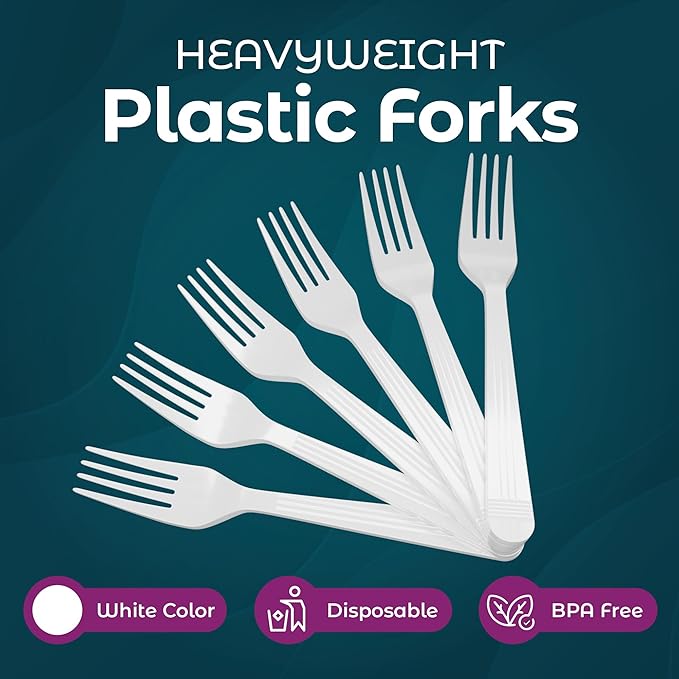 500 Count – Heavyweight Disposable White Plastic Forks | Big Party Pack Forks | Plastic Salad Forks |Great for Celebrations, Parties, Travels, Events, and Everyday Use