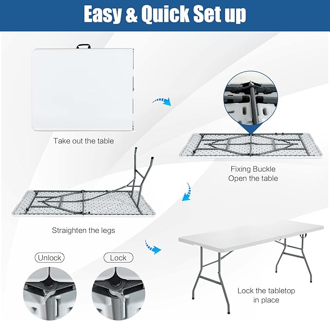 Goplus 6ft Folding Table, Indoor Outdoor Foldable Plastic Folding Tables, Heavy-Duty Rectangular Fold Up Table w/Handle, Portable Utility Card Table for Picnic, Party, Dining, Camping, Beach, White