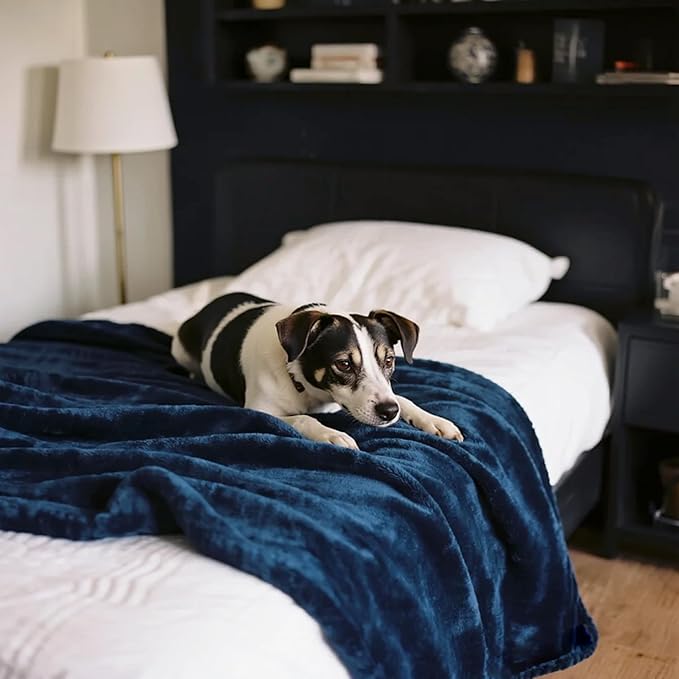 gogobunny Waterproof Bed Blanket, Reversible Sherpa Fleece Throw Blanket for Dog Puppy Cat, Furniture Cover Protects Bed Couch Sofa from Liquid Pee and Pet Fur (Navy Blue, 90x108 inches)
