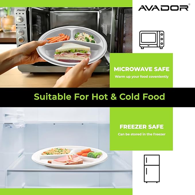 AVADOR® Compostable Tableware 100% Eco-Friendly & Biodegradable Dinnerware Eco-Conscious, Disposable, and 100% Biodegradable (10 inch Partition Plates Pack of 150)