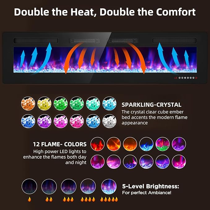 BREEZEHEAT 72 Inch Ultra Thin Electric Fireplace-Freestanding or Recessed Wall Mounted Fireplace Heater, Remote Control, Touch Screen, 750W/1500W, 8H Timer for Living Room, Bedroom, Office