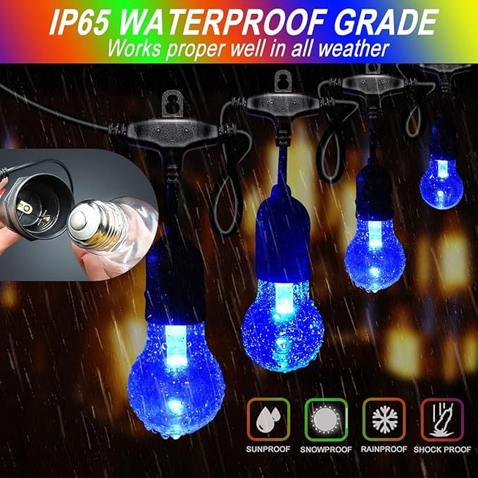 Auroraworld Outdoor Patio Lights Color Changing, 144FT RGB LED String Lights with E26 Shatterproof Edison Bulbs, Dimmable Patio String Lights for Bistro Backyard Garden, 1 Remote Controllers