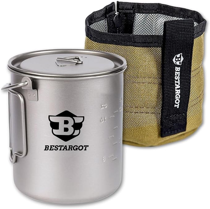 Bestargot Camping Titanium Pot, 750ml Outdoor Cup with Insulation Cup Carrier, Titanium Camping Drinkware, 132g Lightweight and Large Capacity (750 titanium)