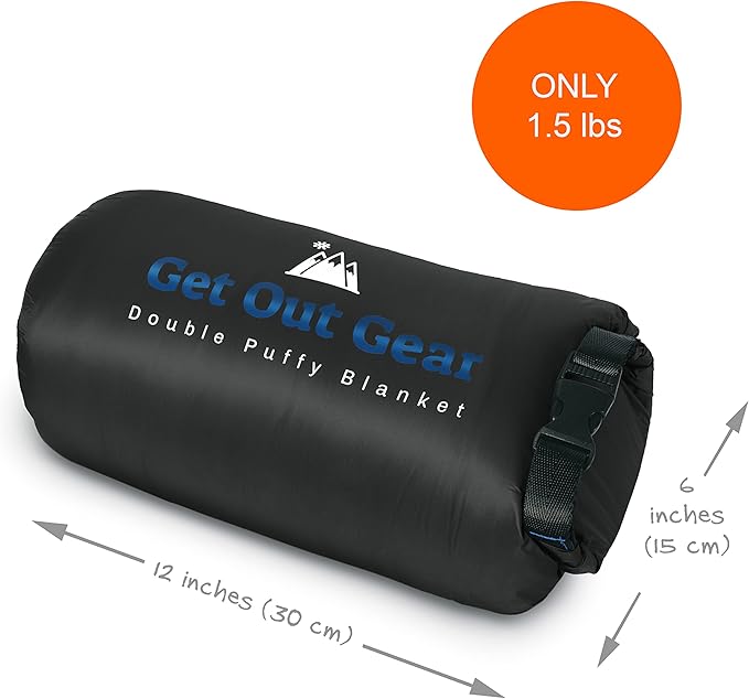 Double Puffy Camping Blanket - Extra Puffy, Packable, Lightweight and Warm | Ideal for Outdoors, Travel, Stadium, Festivals, Beach, Hammock | Water-Resistant Camp Quilt (Black/Blue)