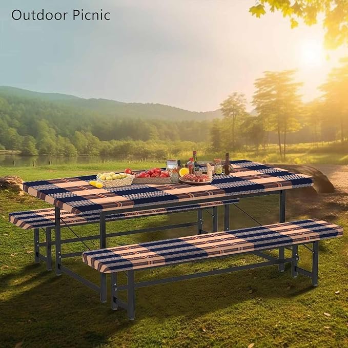 CAPSCEOLL Fitted Picnic Table Cover with Bench Covers with Elastic 8Ft Waterproof Picnic Table Cloths Windproof Outdoor Camping Tablecloth with Drawstring Bag, 96X30in, Autumn Plaid