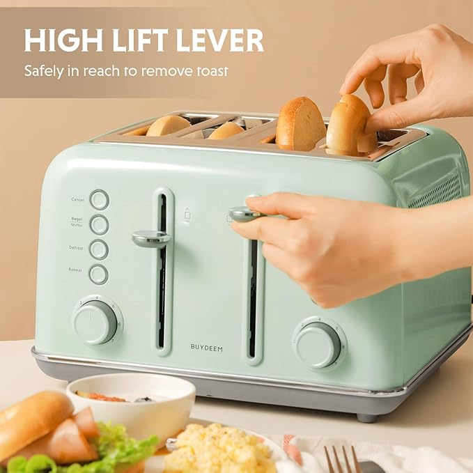 BUYDEEM DT640 4-Slice Toaster, Extra Wide Slots, Retro Stainless Steel with High Lift Lever, Bagel and Muffin Function, Removal Crumb Tray, 7-Shade Settings,Cozy Greenish