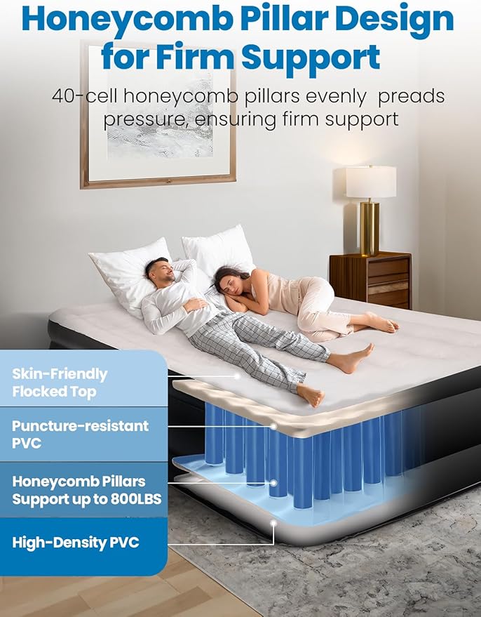 Queen Air Mattress with Built-in Pump, 18" Raised Comfort, 48Hr Leak-Proof Test, Upgraded Honeycomb Pillar Design, Supports 800 lbs, 3-Min Inflation-Inflatable Bed for Home Guests & Camping