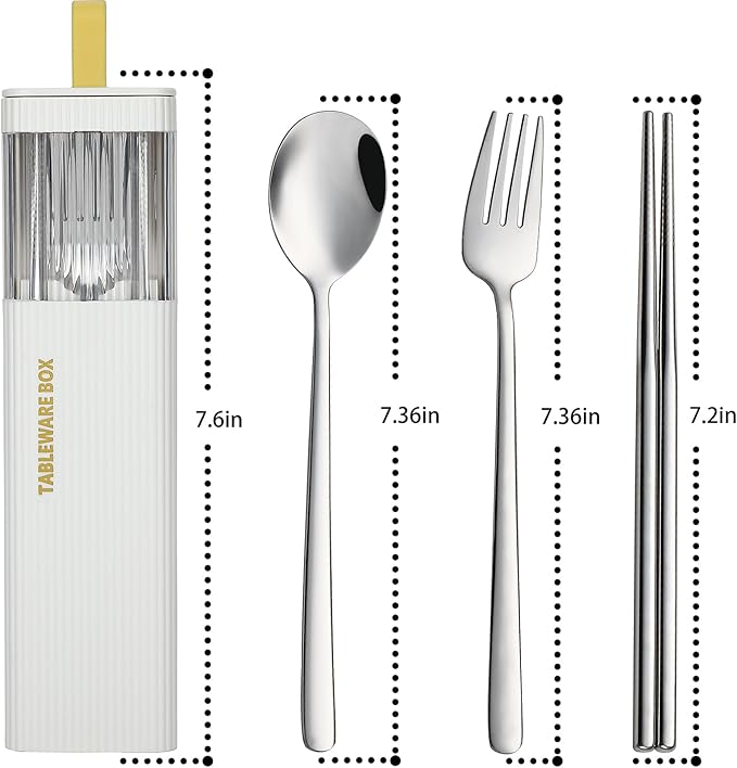 DEVICO Travel Utensils with Case, Stainless Steel Reusable Camping Silverware Set for Lunch Box, Portable Cutlery Kit Includes Fork, Spoon, Chopsticks (White)