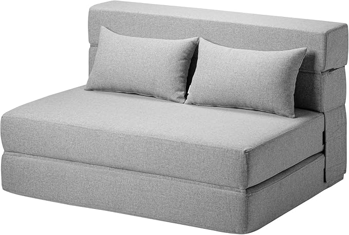 Folding Sofa Bed with Pillows- Convertible Chair Floor Couch & Sleeping Mattress, Foldable Memory Foam Sleeper for Living Room/Dorm/Guest Room/Home Office/Apartment/Loft, Twin, Light Gray