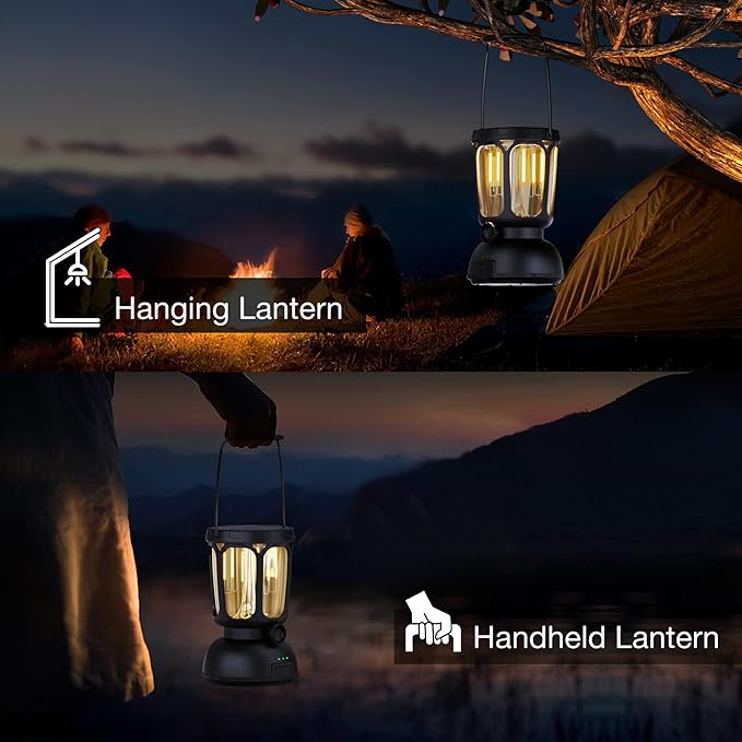 Raynic 6000 LED Camping Lantern Rechargeable, 650LM Hand Crank Solar Camping Light, Portable Battery Powered Lantern for Emergency, Power Outage, Hurricane, Outdoors
