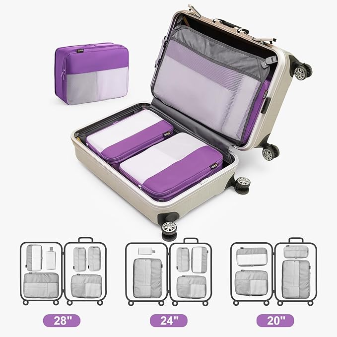 6 Set Compression Packing Cubes for Travel Essentials, Luggage Organizers for Suitcases (Bright Purple)