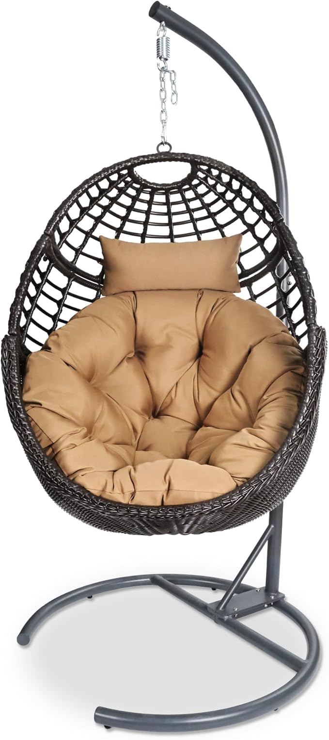 Egg Swing Hanging Chair with Stand, Outdoor Rattan Egg Hammock Chair with Cushion Pillow for Indoor Bedroom Patio Garden for 330lbs/150kg - Dark Brown