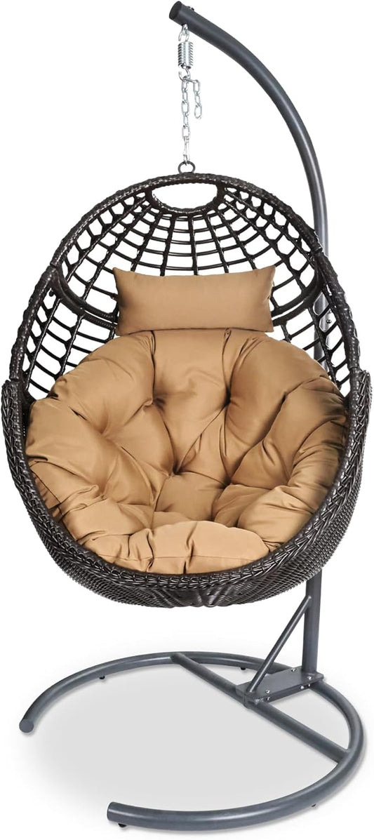 Egg Swing Hanging Chair with Stand, Outdoor Rattan Egg Hammock Chair with Cushion Pillow for Indoor Bedroom Patio Garden for 330lbs/150kg - Dark Brown