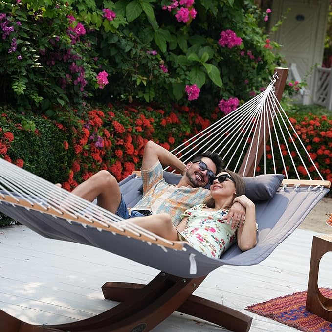 Lazy Daze Hammocks 12 FT Quilted Fabric Hammock with Spreader Bar, 2-Person Double Hammock with Chains and Pillow, Outdoor Hammock for Outside Patio Poolside Backyard Beach, 450 lbs Capacity, Gray