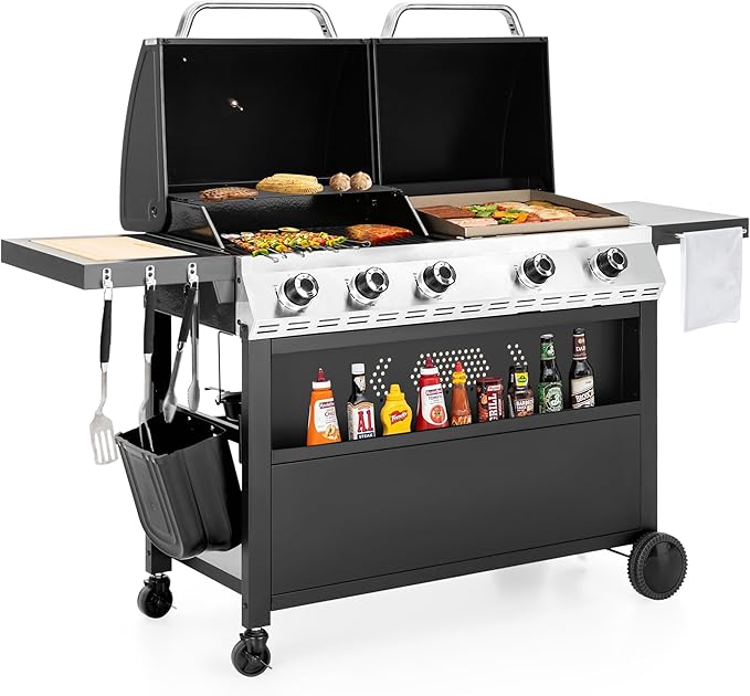 5 Burner Griddle Grill Combo, 2 in 1 Propane Gas BBQ Grill with Porcelain-Enameled Cast Iron Grates & Pan, Outdoor Flat Top Griddle, 695 Sq. In. Propane Barbecue Grill for Patio Backyard Balcony
