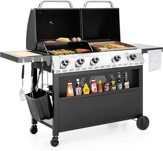 5 Burner Griddle Grill Combo, 2 in 1 Propane Gas BBQ Grill with Porcelain-Enameled Cast Iron Grates & Pan, Outdoor Flat Top Griddle, 695 Sq. In. Propane Barbecue Grill for Patio Backyard Balcony