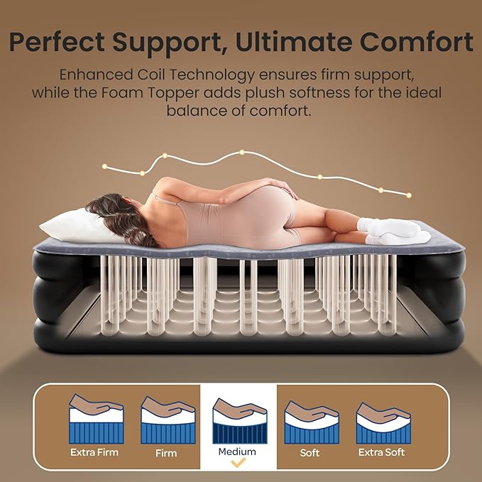 OhGeni 20" Luxury Twin Air Mattress with Built-in Pump, Inflatable Bed with Silk Foam Topper for Superior Comfort, Premium Blow-Up Mattress for Home, Camping & Guests, Easy Setup, Extra Support, Black