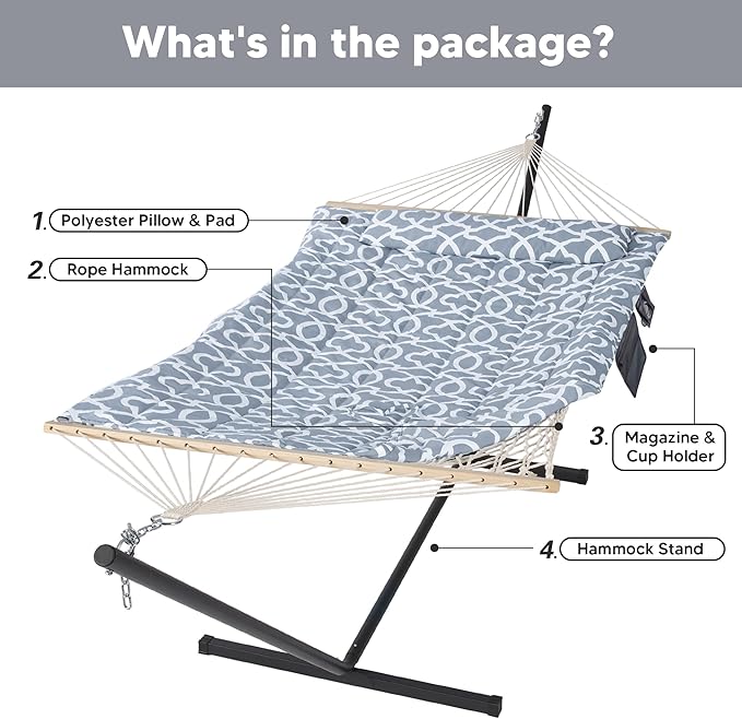 SUNCREAT Outdoor Double Hammock with Stand, Two Person Cotton Rope Hammock with Polyester Pad, Circle Pattern