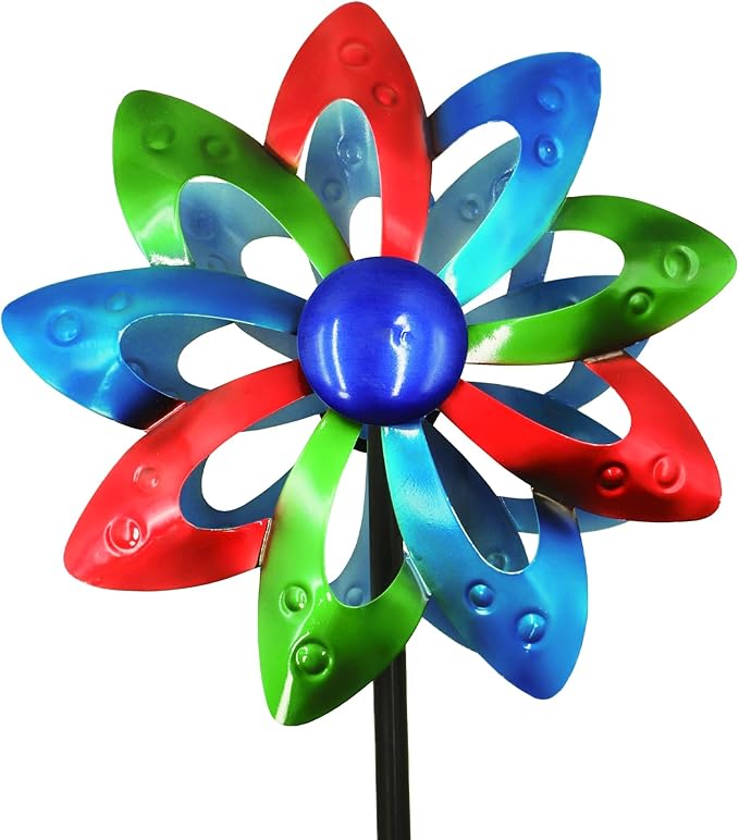 Garden Wind Spinners, Dual-Sided Colorful Metal Windmill 13" Dia*55" Height Wind Sculptures & Spinners, Vibrant Outdoor Kinetic Art for Yard, Garden, Driveway Decor