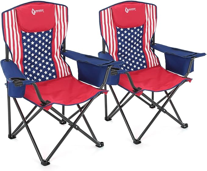 ARROWHEAD OUTDOOR 2-Pack Portable Folding Camping Quad Chair w/ 6-Can Cooler, Cup & Wine Glass Holders, Heavy-Duty Carrying Bag, Padded Armrests, Headrest & Seat, Supports up to 550lbs