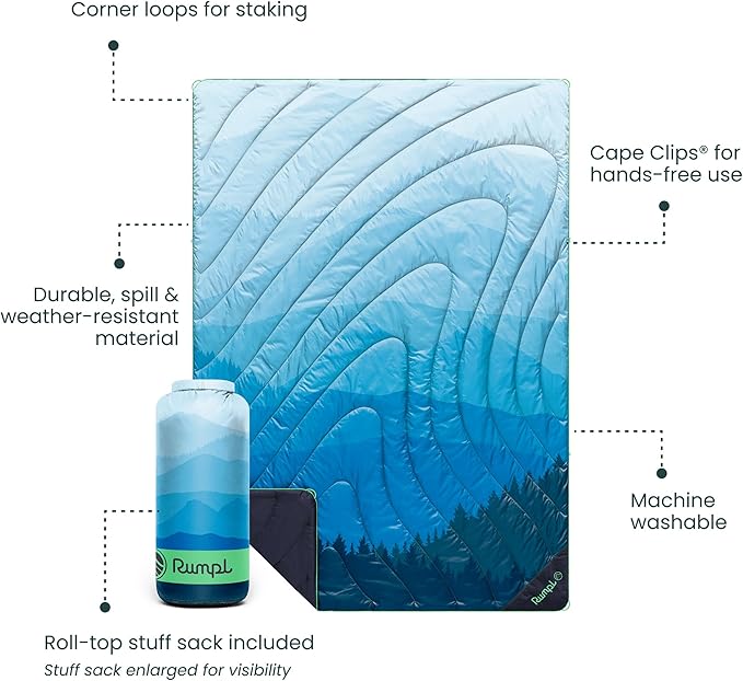 Rumpl Original Puffy Blanket - Warm, Water-Resistant Camping Blanket with 100% Recycled Synthetic Insulation, 52"x75", Original Puffy V2, Blue Ridge Fade