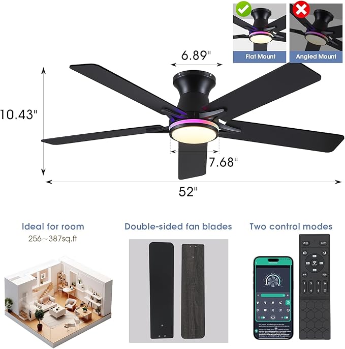 52" RGB Ceiling Fans with Lights and Remote/APP,Black Low Profile Ceiling Fans with Quiet Reversible DC Motor,Modern Flush Mount Ceiling Fan Light for Bedroom Kids Room