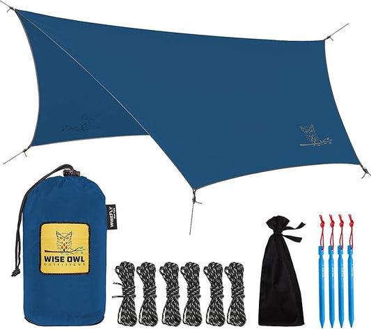 Wise Owl Outfitters Hammock Rain Fly – Waterproof Camping Tarp Cover with Tent Stakes & Carry Bag, Ultralight Shelter for Backpacking & Outdoor Shade