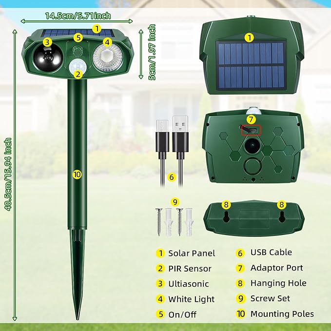 4Pack Solar Ultrasonic Cat Repellent Outdoor Animal Repellent with Flash Light&USB Charge Waterproof Animal Deterrent Devices Deer Repellent Devices for Rabbit Squirrel Skunk Repellent for Yard