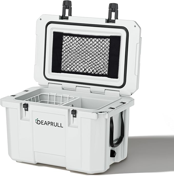 Hard Cooler, Insulated Ice Chest Box Holds Ice for More Days, Portable Cooler with Handle, Cup Holders, Double Latches for Camping Drink, Beach, Picnic, Fishing, Boat, Barbecue